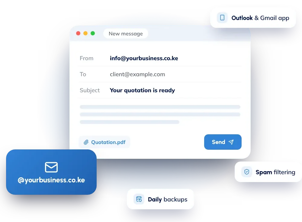 Professional business email on your own domain with Hostnali: works in Outlook and the Gmail app, with spam filtering and daily backups