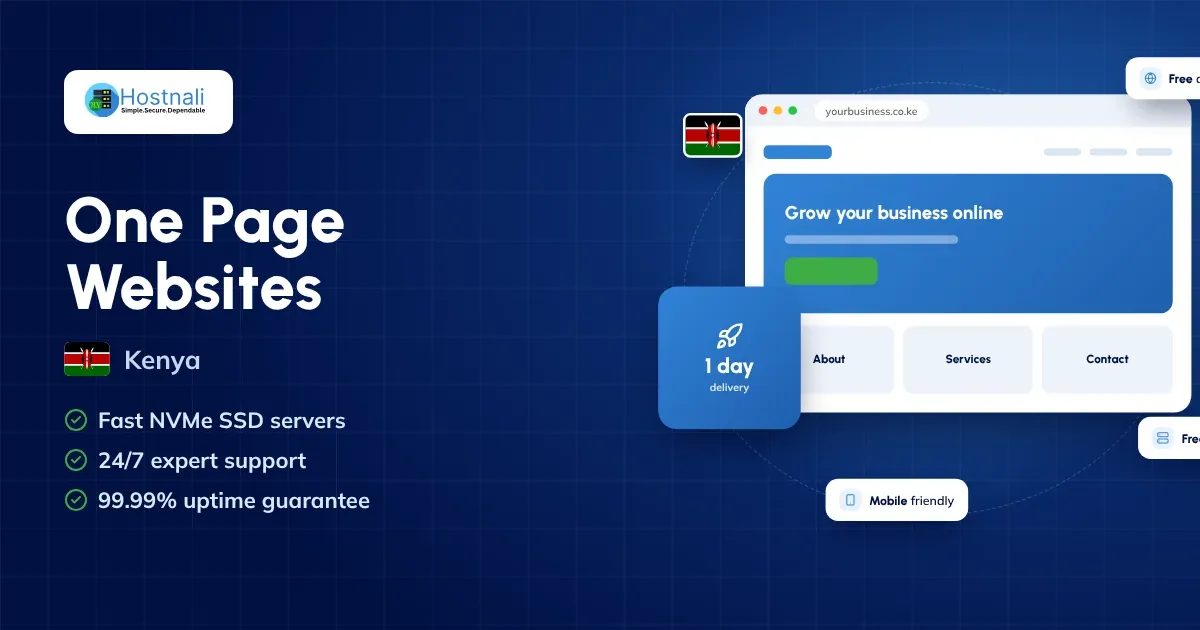 One page website design in Kenya with a free domain and hosting, delivered in one day