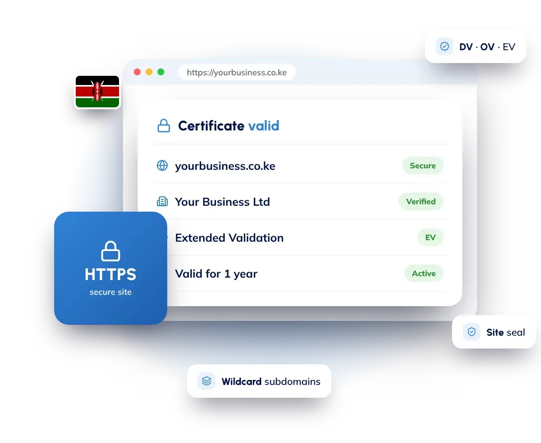 SSL certificates in Kenya: RapidSSL, GeoTrust and DigiCert DV, OV, EV and wildcard certificates from Hostnali