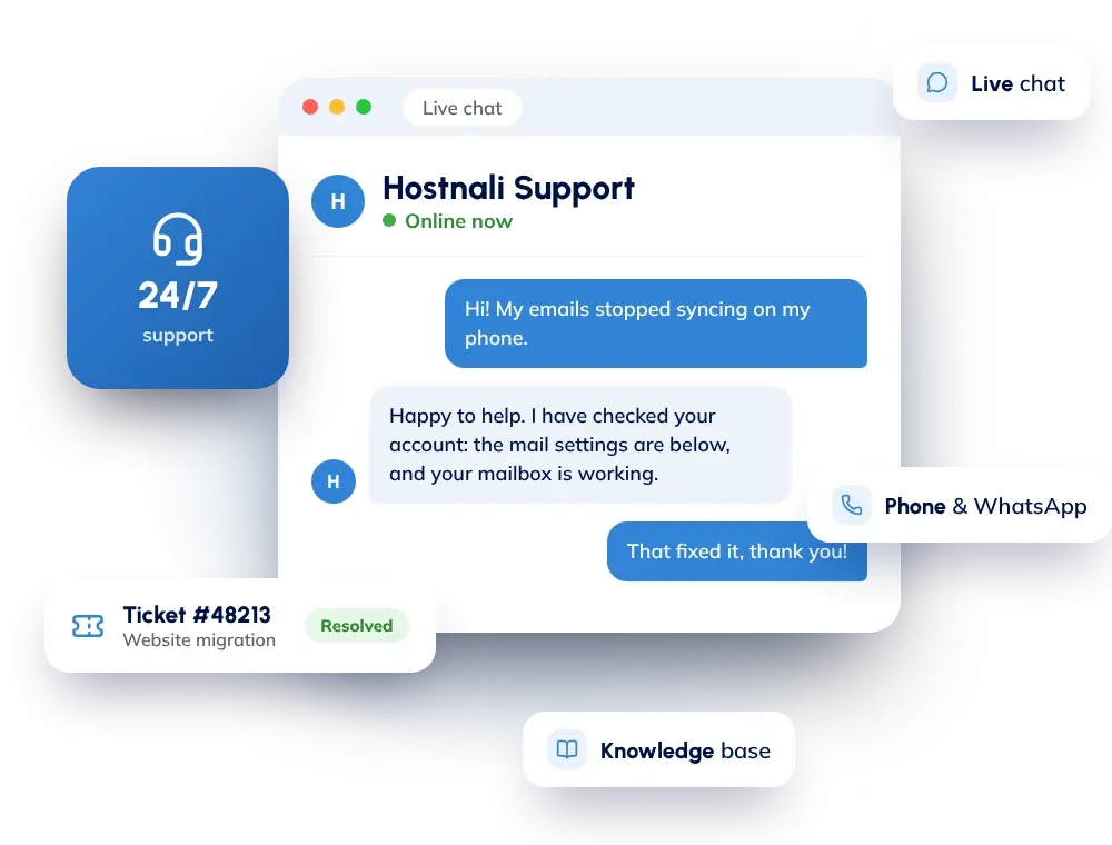 Hostnali support: live chat with the support team, support tickets, phone and WhatsApp, and the knowledge base