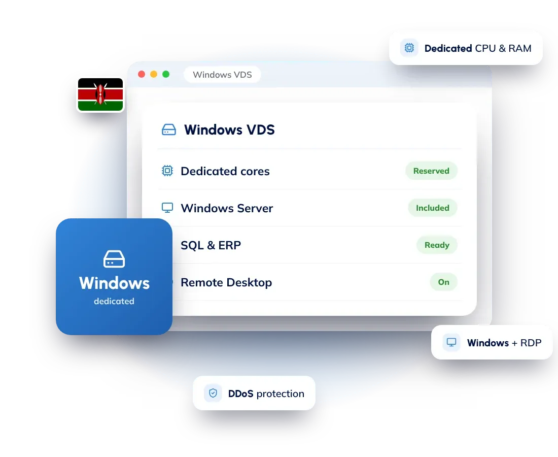 Windows dedicated servers in Kenya: dedicated CPU cores and RAM with Windows Server included