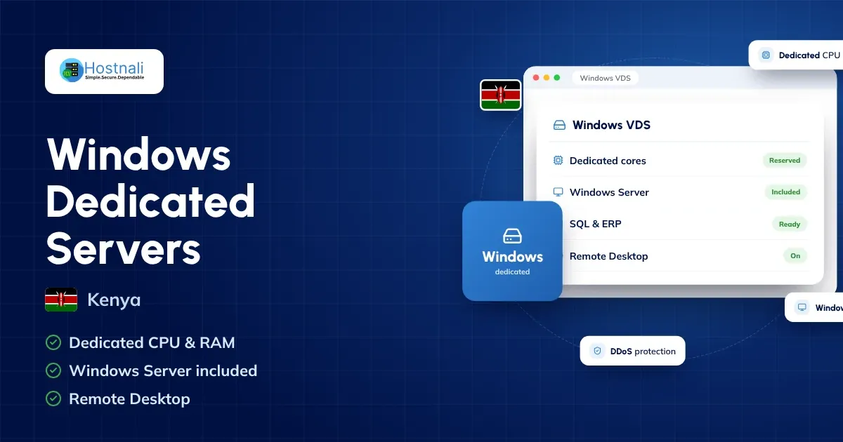 Windows dedicated servers in Kenya: dedicated CPU cores and RAM with Windows Server included