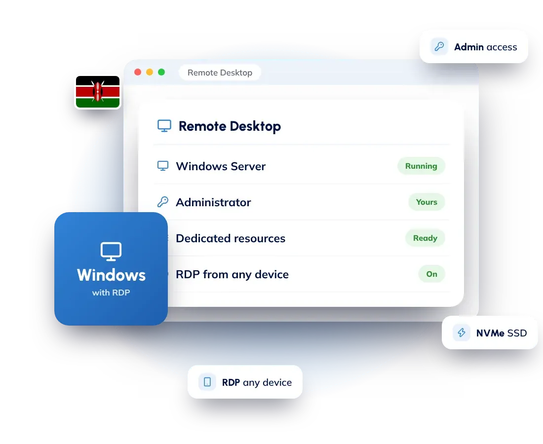 Windows VPS hosting in Kenya with Remote Desktop (RDP) and Windows Server included