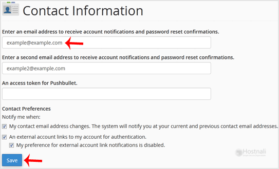 How to update your cPanel Contact Information or receive a notification on reaching the quota limit? - Contact Info settings