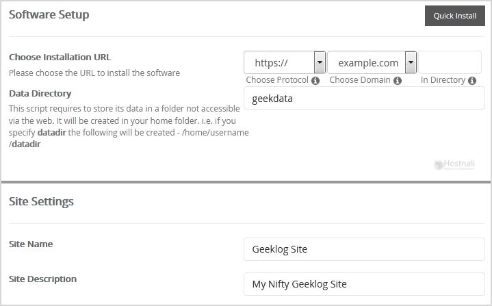 How to Install Geeklog via Softaculous in cPanel? - Geeklog install screen