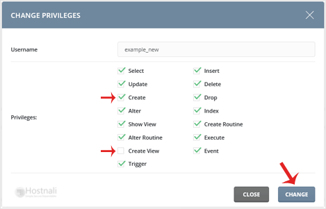 How to modify database user privileges in DirectAdmin? - da piv modify change