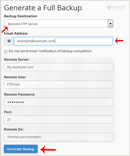 generate a cPanel backup and despatched it to FTP Server? - generate remote backup config