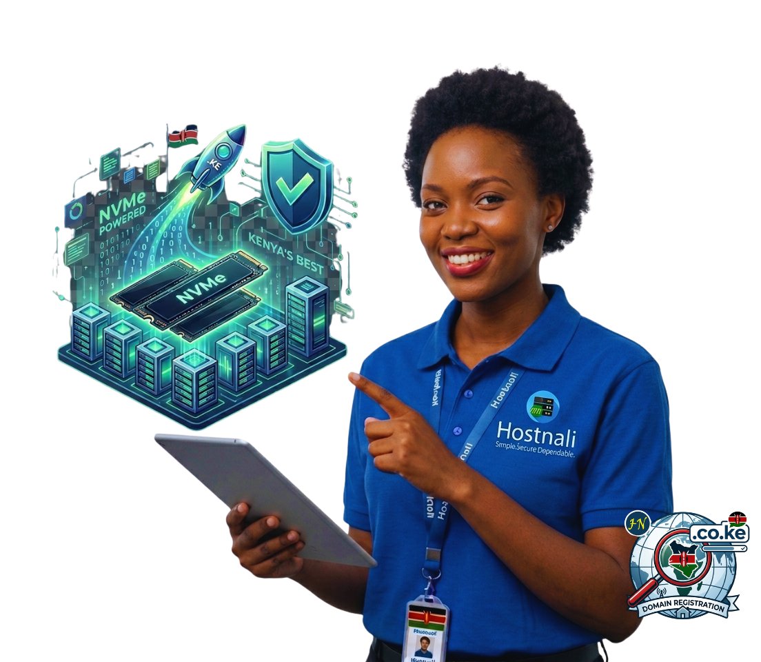 Hostnali hero section showing 4.95 rating, 10,000+ trusted Kenyan businesses, and NVMe hosting visualization.
